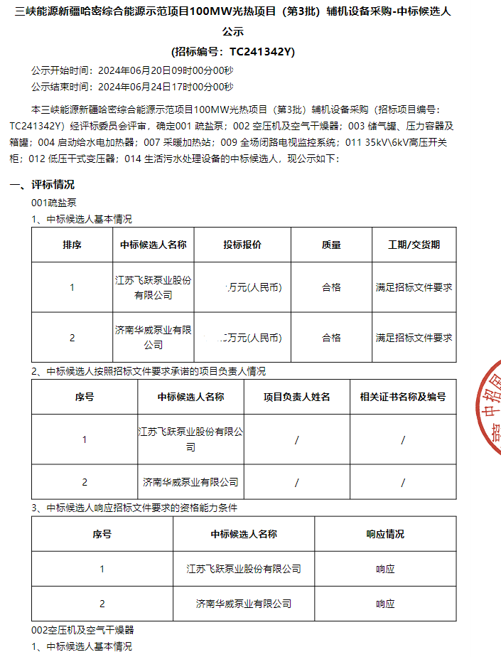 含疏盐泵、启动给水电加热器等！三峡能源新疆哈密100mw光热项目（第3批）辅机设备采购中标候选人公示